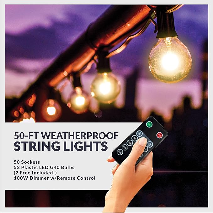 Newhouse Lighting LED G40 String Lights with Weatherproof Technology 100W Dimmer with Wireless Remote Control 50ft and 52 (50+2 Free) LED Light Bulbs Included Warm White (PSTRINGLEDDIM)