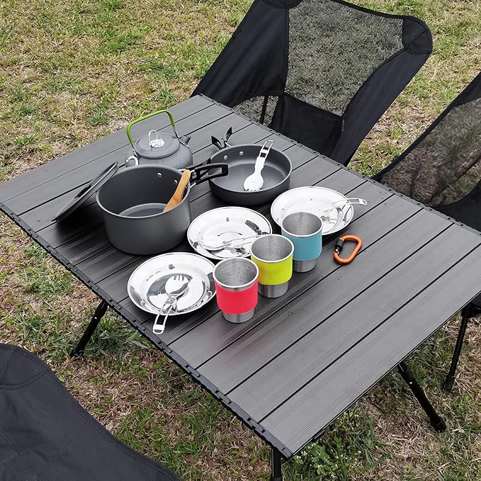 Camping Cookware Mess Kit Lightweight Aluminum Alloy Includes Pot Pan Kettle Dishes Cups Utensils Folding Bucket and Carrying Bag - Compact Outdoor Cooking Set for Hiking