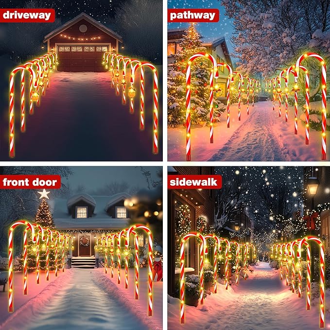 Solar Candy Cane Lights – 12-Piece Set 22 Inch Outdoor Christmas Pathway Lights 8 Lighting Modes with Memory Function Solar-Powered Holiday Decorations for Garden Yard Walkway Party Driveway