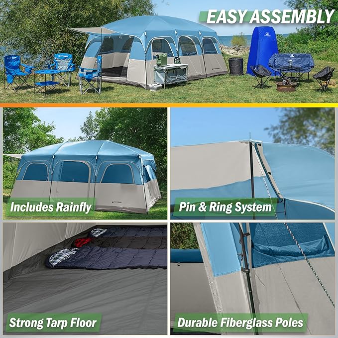 10-12 Person Large Camping Tent – Tall Family Cabin Outdoor Shelter with Room Divider Mesh Windows Water-Resistant Rainfly and Carry Bag for Camping and Outdoor Adventures – Wakeman Outdoors