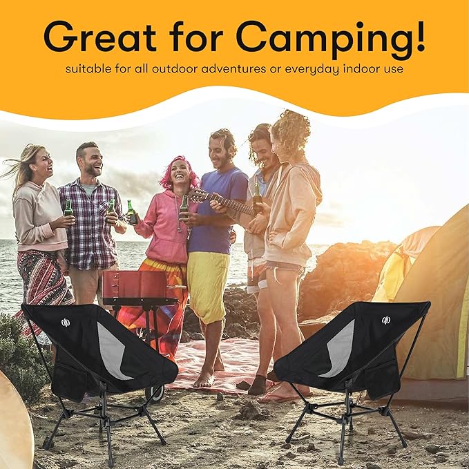 D-LO Ultralight Camping Chair - Black - Upgraded Dual Pocket - High Strength 600D Oxford Fabric - 7075 Aluminum Alloy - Great for Camping Hiking Lounging