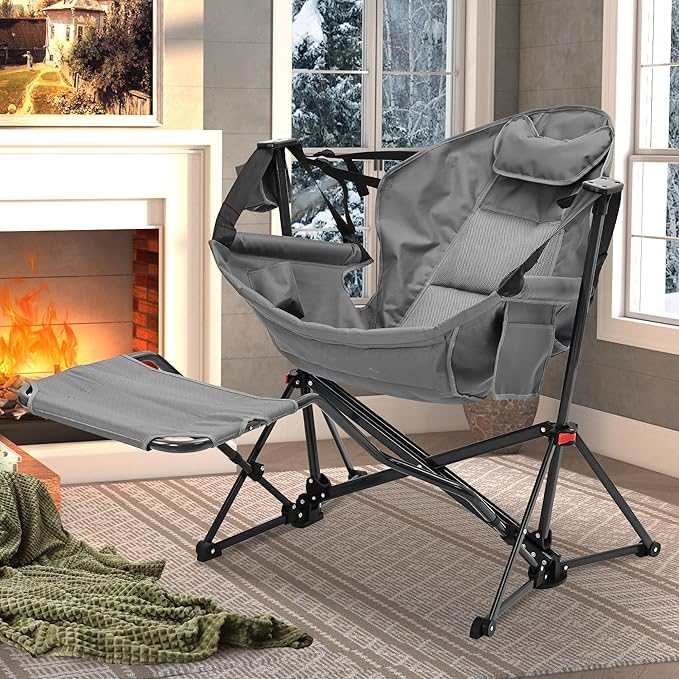 Ainfox Hammock Chair with Footrest Oversized Swinging Portable Folding Camping Chairs for Adults Outside Swinging Camp with Cup Holder Pillow for Outdoor Patio Lawn Grey