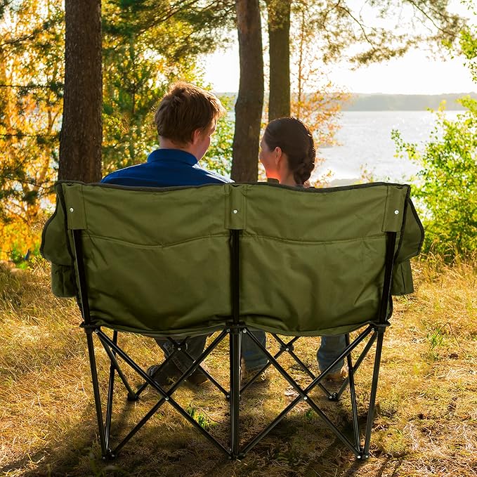 Double Camping Chair - Foldable Portable Couch with 2 Cupholders and Padded Seats - Two-Person Camp Chair with Carrying Bag by Wakeman Outdoor (Olive)
