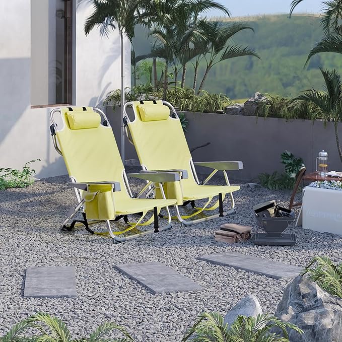 Backpack Beach Chairs Low 5 Position Beach Chair with Pouch Straps Folding Lightweight Reclining Aluminum Lay Flat Single (Yellow Low)
