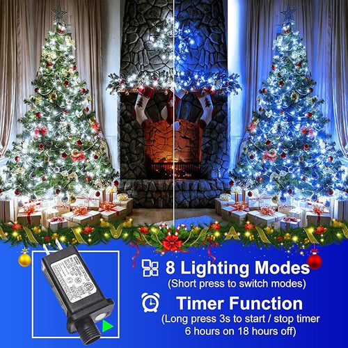 2 Pack Christmas Lights Outdoor Total 200FT 600 LED String Lights for Outside Waterproof with 8 Modes Green Wire Twinkle Tree Lights for Indoor Patio Xmas Decorations 1 Pack Blue &amp 1 Pack White