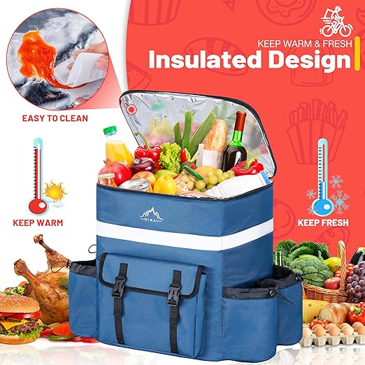 Food Delivery Backpack Insulated Delivery Bags for Delivery Bike Large Pizza Delivery Bag for HOT/COLD with 4 Pockets Reflective Strip for Uber EatCamping &amp Beach (Blue)