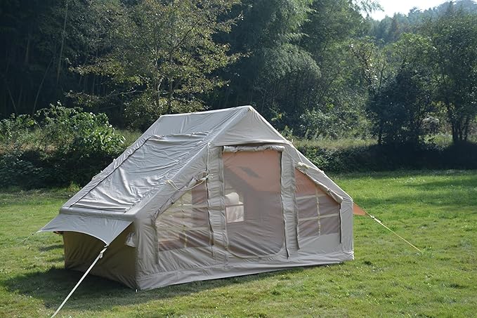 Inflatable Camping Tent Easy Setup 4 Season Glamping Tent Inflatable Structure 4-6 Persons Waterproof Windproof Outdoor Self-Supporting Blow up Tent Air Tent Portable House Beige