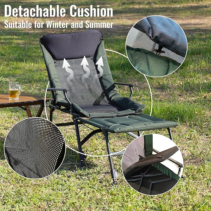 Camping Lounge Chair with Detachable Footrest Portable Folding Reclining Camping Chair with Adjustable backrest for Indoor and Outdoor Camping Beach Hiking Fishing Green+Black