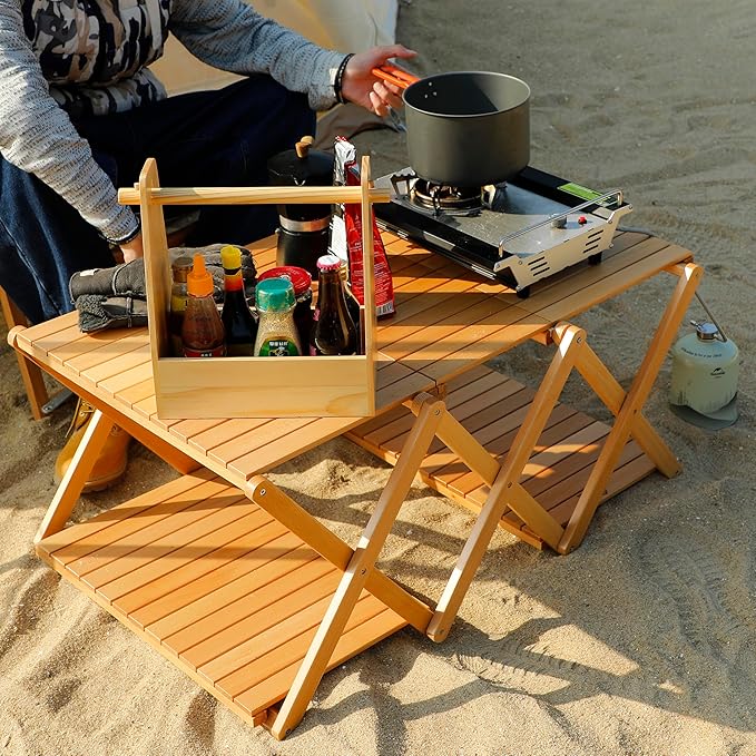 4-Tier Shelf - Transforms into a Camping Table Portable Beechwood Storage Rack for Indoor Outdoor Camping &amp Multi-Purpose Use