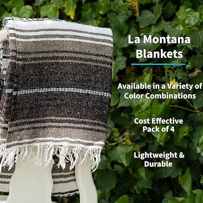 La Montana Mexican Blankets and Throws 4 Pack 74x50 - Made in Mexico Lightweight Yoga Blanket for Schools Studios Outdoors Camping Picnic Decor - Machine Washable Dark Brown/Mocha/White