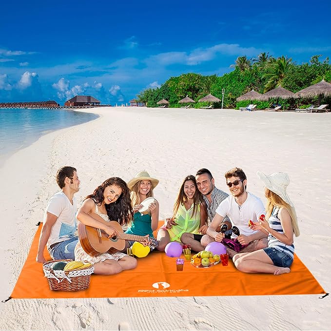 Red Suricata Sand Free Beach Mat – Large Sandproof Beach Blanket Sandless Waterproof – Fits and Matches Beach Canopy - Oversized Sand Proof Beach Mats for Outdoor Picnic Camping (Large Orange)