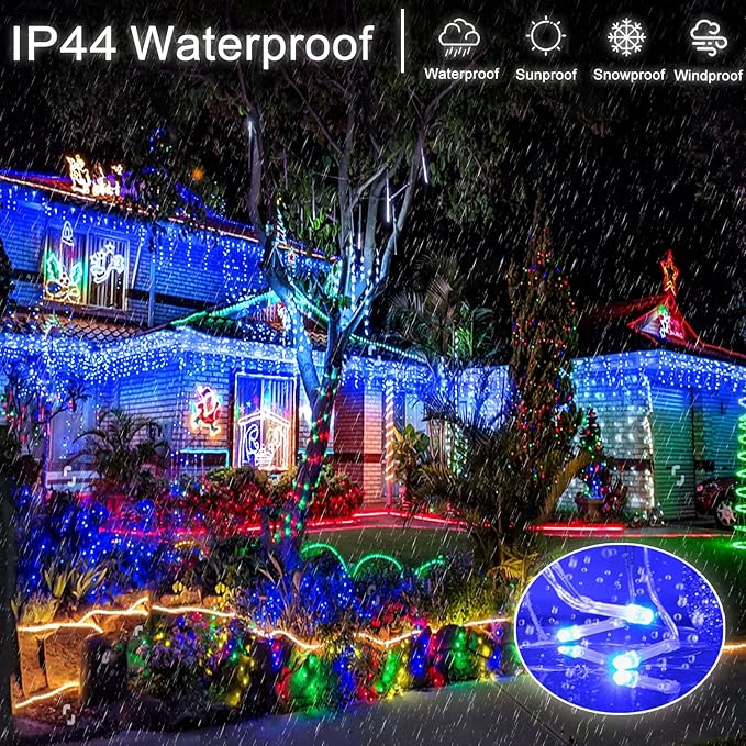Icicle Christmas Lights Outdoor 99ft 1216 LED Icicle Lights for Outside 8 Modes with 228 Drops Waterproof Plug in Blue Christmas Light for House Indoor Party Holiday Wedding Halloween Decorations
