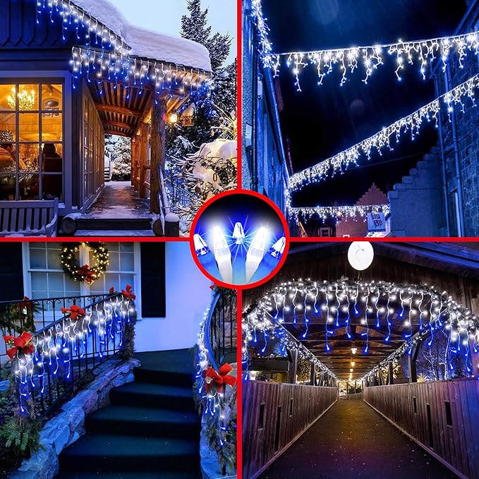 504LED 50ft Christmas Lights 112Drops 12 Modes Christmas String Lights Outdoor Dimmable Waterproof Christmas Decorations Fairy Lights with Timer Memory for Party Patio Window Fence Blue &amp CoolWh
