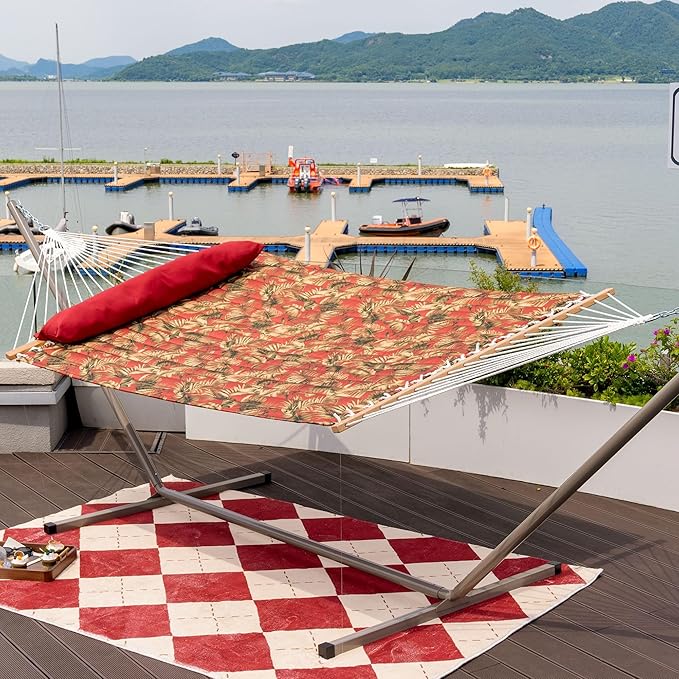 Lazy Daze Hammocks 12FT Quilted Fabric Hammock with Soft Pillow Double 2 Person Tree Hammock with Spreader Bar for Outside Patio Poolside Backyard Beach 450 lbs Capacity Red Leaf