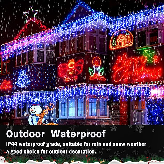 KNONEW Christmas Lights Outdoor Decorations 400 LED 33ft 8 Modes Curtain String Light with 75 Drops Clear Wire LED Fairy Light Indoor Decor for Wedding Party Christmas Decorations(Blue)
