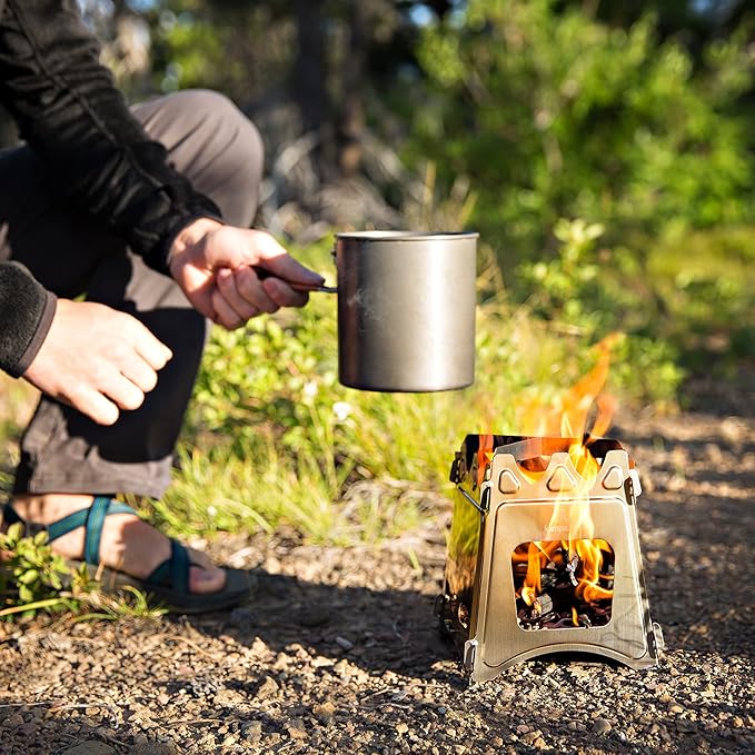 Portable Camping Stove Wood Wood Stove Camping Outdoor Compact Campfire Survival Cooking Gear Backpacking Stoves Emergency Backpack Stoves Hiking Burner Foldable with Nylon Case (Titanium)