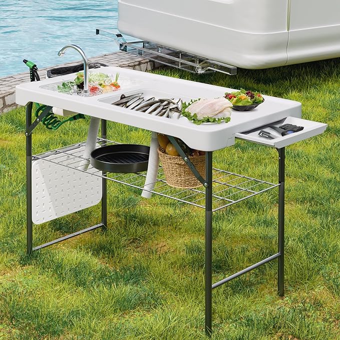 MoNiBloom Folding Fish Cleaning Table with Double Sink Portable Camping Outdoor Heavy-Duty Fillet Station with Faucet Drainage Hose Sprayer and Knife for Picnic Fishing Garden Patio Beach White