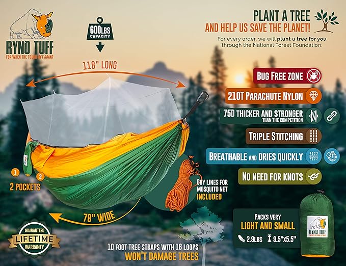 X-Large 2 Person Camping Hammock with Mosquito Net - Compact Double Hammock with Bug Net Pocket Tree Straps &amp Heavy Duty Carabiners - Parachute Grade Nylon Can Hold Over 600lbs of Weight