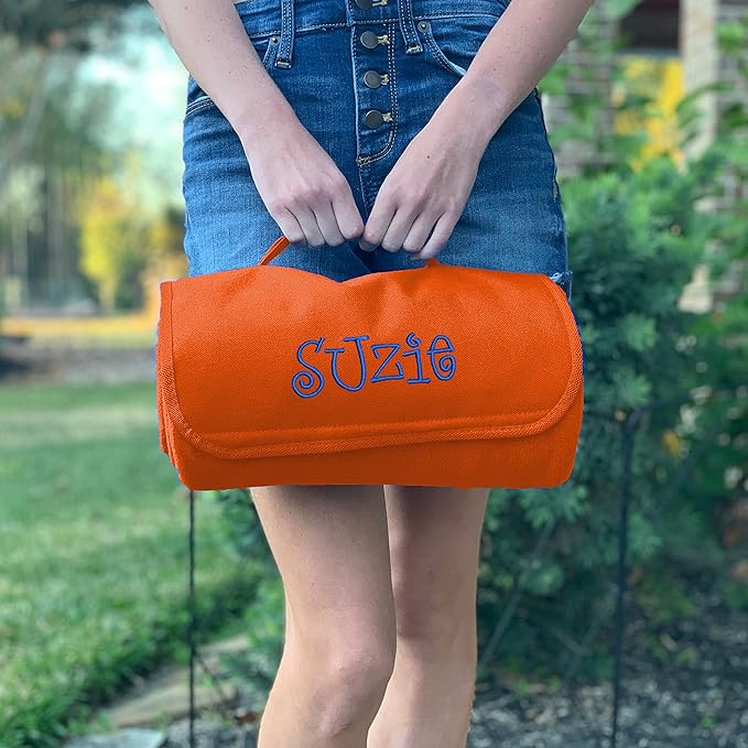 Threadart Personalized Embroidered Portable Blanket with Carrying Strap | Monogrammed Customized Travel Sports Stadium | Soft Fleece | 58in x 48in - Orange | for Picnic Outdoor Blanket