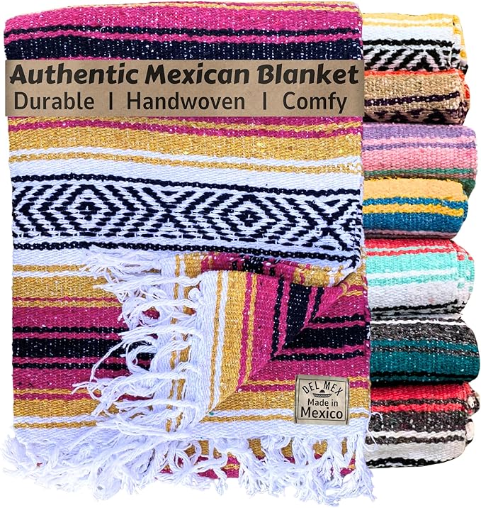 Del Mex Classic Mexican Blanket Large Authentic Woven Falsa Throw (70x50) Artisan Southwest Décor for Beach Yoga Outdoors (Gold/Fuchsia)