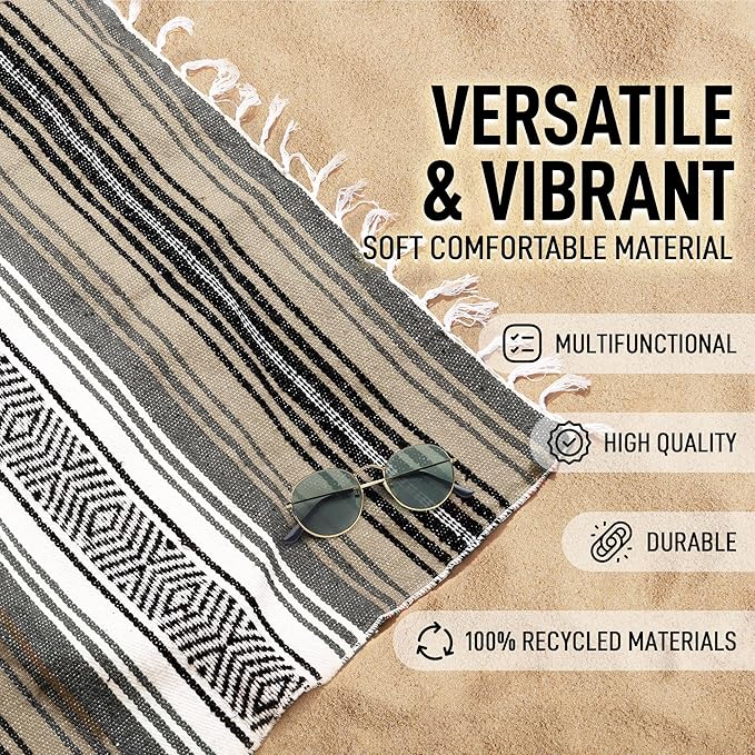 Hydration Nation Authentic Large Handwoven Mexican Blanket - Soft Yoga- Durable Serape- Lightweight Falsa Beach Camping Picnic Outdoor Blanket 70x50 - Desert