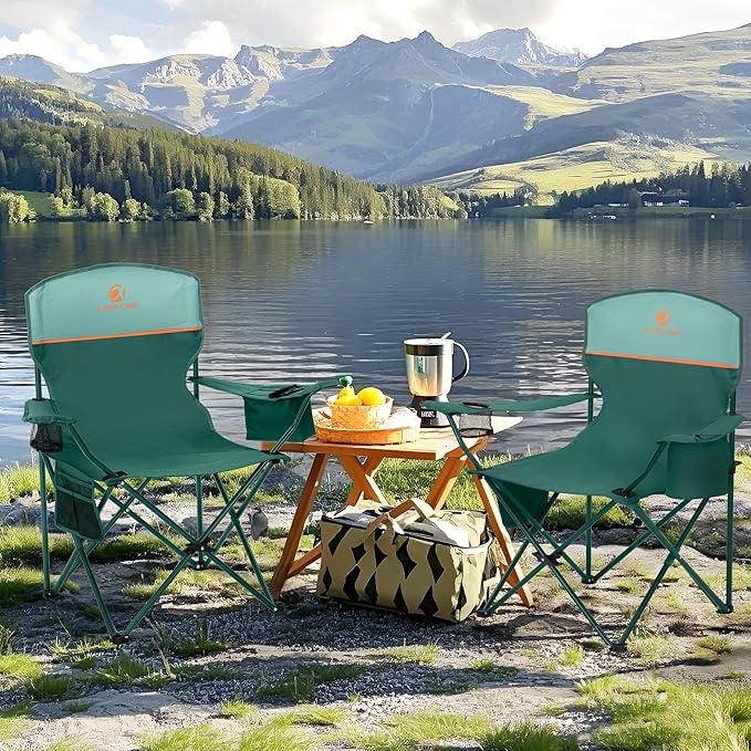 ALPHA CAMP Folding Camping Chairs for Adults Lawn Chairs Outdoor Chairs Support 250 LBS Portable Camp Chairs with Cup Holders Cooler Pouch for Outdoor 2 Pack