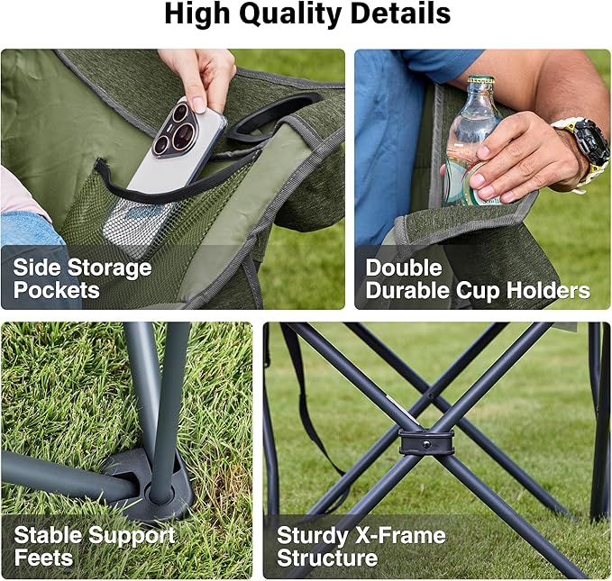 Oversized Camping Chair Portable Folding Padded Camp Chairs with Side Pocket Cup Holder Heavy Duty Support 500LBS Outdoor Lounge Chair for Adults Fishing Sports Trip Green