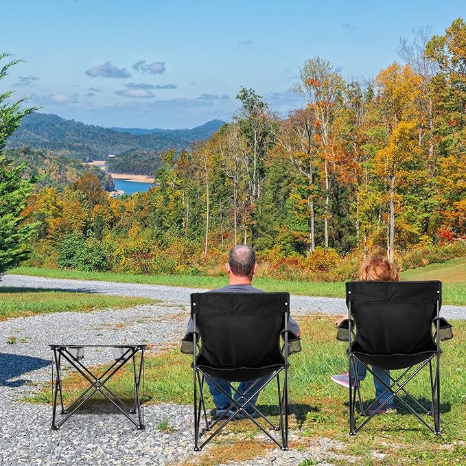 Leonyo 2 Pack Camping Chairs for Adults Lawn Chairs with Table Heavy Duty Folding Chairs for Outside Oversized &amp Comfy Sports Chair for Adults Fishing Beach Patio Hiking Lawn Travel - Black
