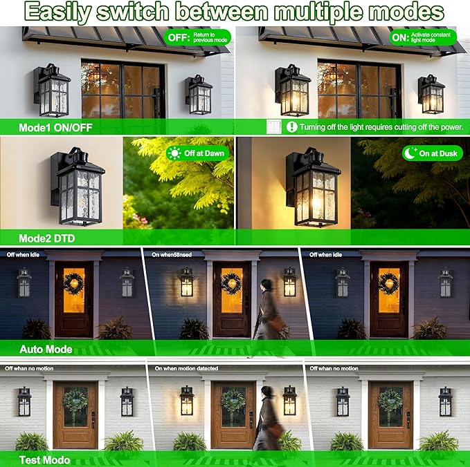 Porch Light with Outlet and Remote Control - Plug in Outdoor Wall Lights with GFCI Exterior Lighting Fixtures Adjustable 3 Sensitivity Levels and 1-10min Delay for Porch Patio Entryway(Black)
