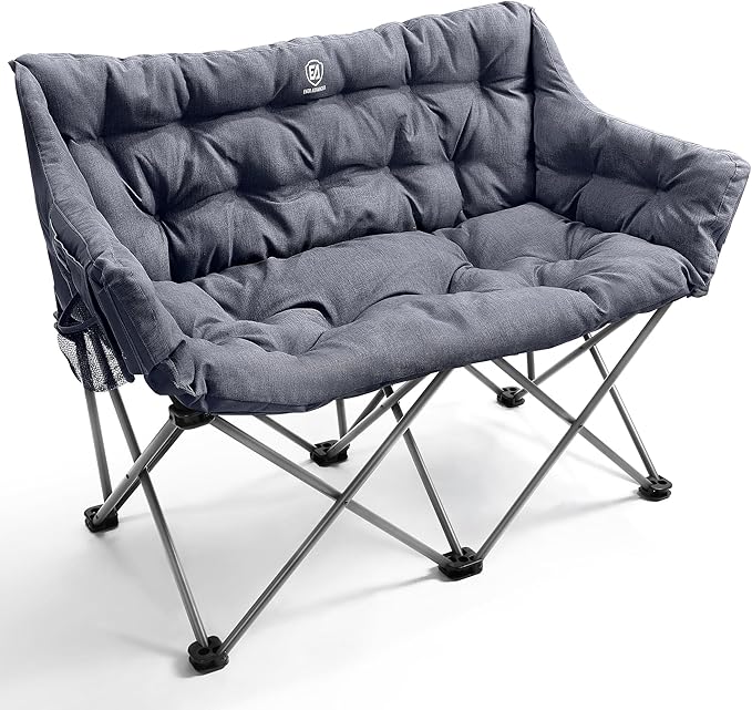 EVER ADVANCED Double Camping Chair for Adults Padded Folding Camping Love Seat Bench with Side Pocket Portable Camping Couch Two Person Heavy Duty Folding Outdoor Chair with CushionSupport 600lbs
