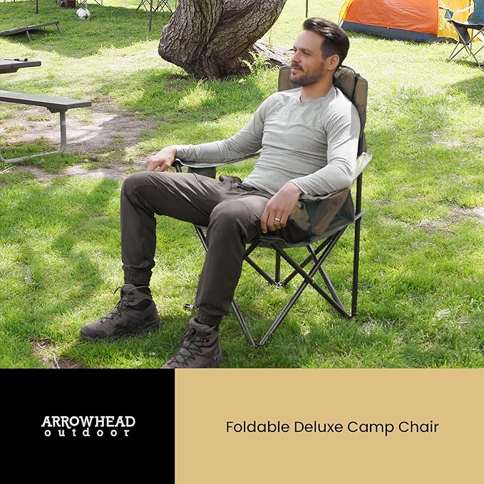 ARROWHEAD OUTDOOR 2-Pack Portable Folding Camping Quad Chair w/ 6-Can Cooler Cup &amp Wine Glass Holders Heavy-Duty Carrying Bag Padded Armrests Headrest &amp Seat Supports up to 550lbs