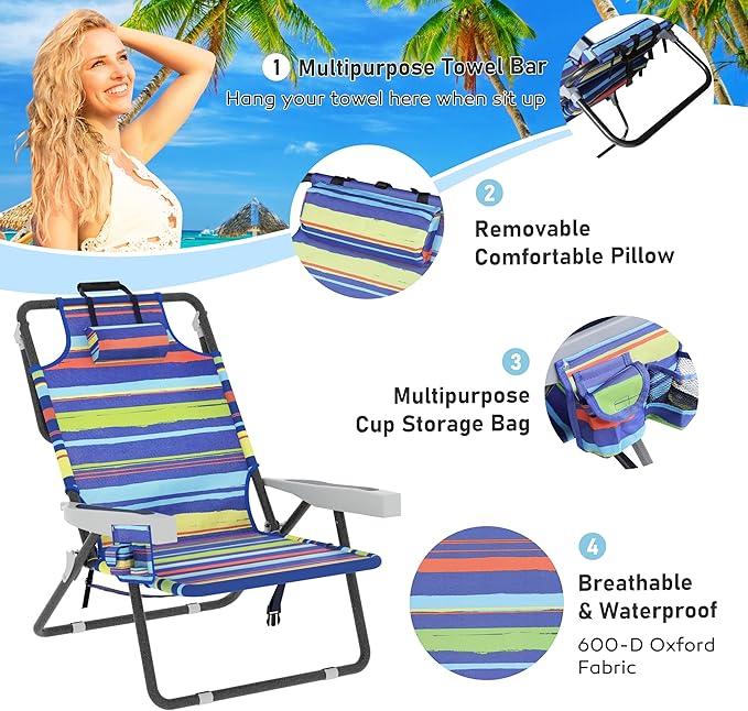 BlueWish Backpack Beach Chair 2 Pack Beach Chairs for Adults with Water-Resistant Storage Bag Oxford Fabric 5 Adjustable Position Folding Beach Chair for Poolside Garden Backyard