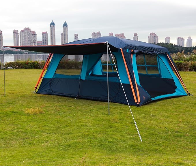 KTT Extra Large Tent 12 Person(A)Awning Family Cabin Tents2 Rooms4 Doors and 4 Windows with MeshStraight WallWaterproofDouble LayerBig Tent for OutdoorPicnicCampingFamily Gathering。