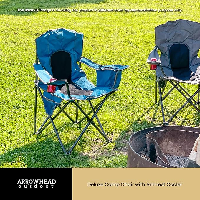 Arrowhead Outdoor Portable Folding Camping Quad Chair w/ 4-Can Cooler Cup-Holder Heavy-Duty Carrying Bag w/Easy Carry Shoulder Strap Padded Armrests Supports up to 330lbs USA-Based Support
