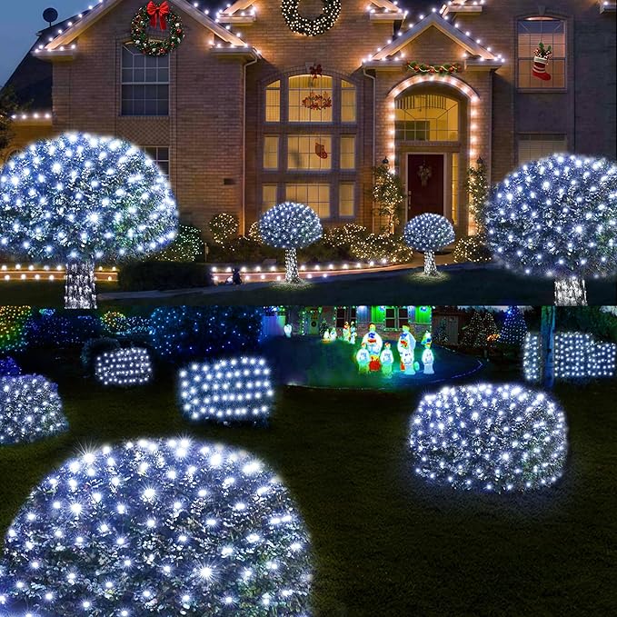 WBao Outdoor Christmas Lights 360LED 11.5ft x 6.9ft Net Lights with 8 Modes Timer UL Certified End to End Connectable Waterproof for Lawn Bushes Trees Outdoor Christmas Decorations Cool White