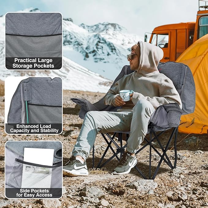 2 Pack Oversized Camping Chair Portable Folding Padded Camp Chairs with Side Pocket Cup Holder Heavy Duty Support 500LBS Outdoor Lounge Chair for Adults Fishing Sports Trip Grey
