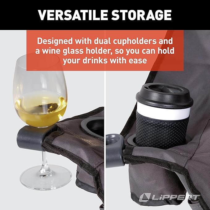 Lippert Big Bear Club Camping Chair - Dark Grey Comfortable Foldable Chair Oversized Pillow Cushions Dual Cupholders Powder Coated Steel 600D Polyester Fabric 400 lb. Capacity 2022114815