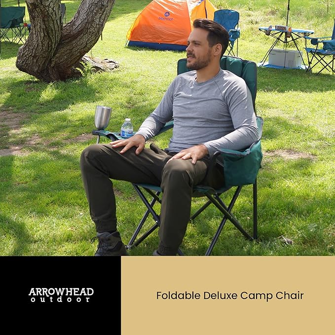 ARROWHEAD OUTDOOR 2-Pack Portable Folding Camping Quad Chair w/ 6-Can Cooler Cup &amp Wine Glass Holders Heavy-Duty Carrying Bag Padded Armrests Headrest &amp Seat Supports up to 550lbs
