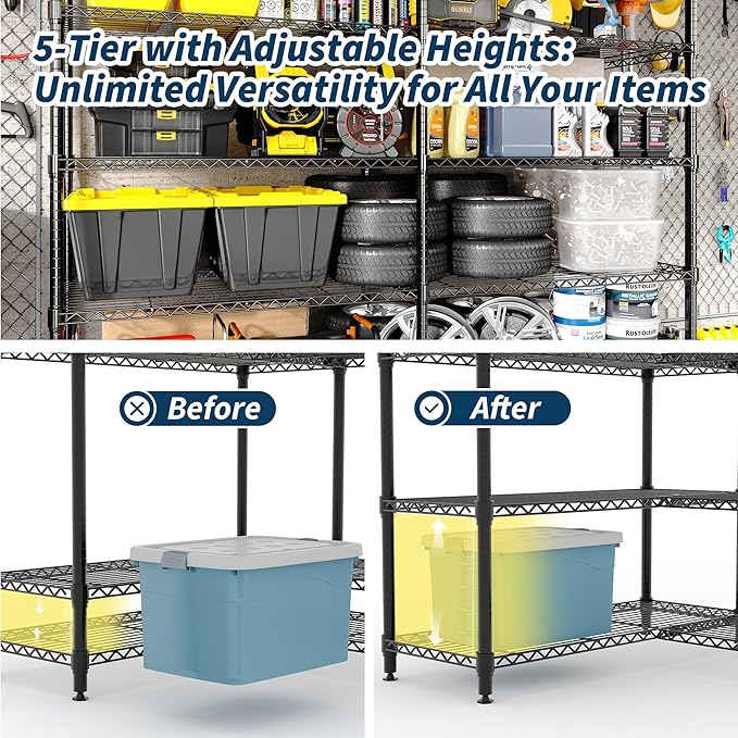 5-Tier Heavy Duty Metal Shelving Unit Adjustable Height &amp Feet Sturdy Thickened Construction High Weight Capacity Easy to Assemble for Garage Pantry Basement Kitchen 15.8 D x 71 W x 70.5