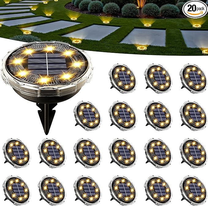 SOLPEX Solar Ground Lights 20 Pack Solar Pathway Lights Outdoor Waterproof Landscape Lighting for Garden Walkway Driveway Yard Deck Patio Swimming Pool (Warm White)