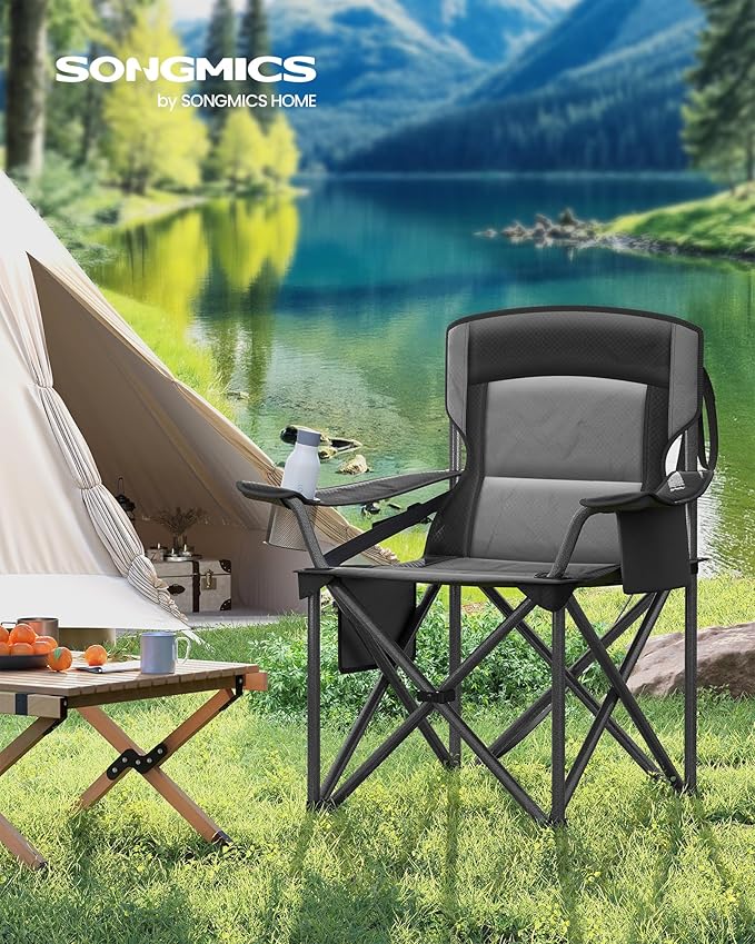 SONGMICS Oversized Lumbar Support Camping Chair Heavy-Duty Outdoor Folding Chair Comfortable Padded Glamping Cooler Bag Weight Capacity 450 lb Ink Black UGCB066B01