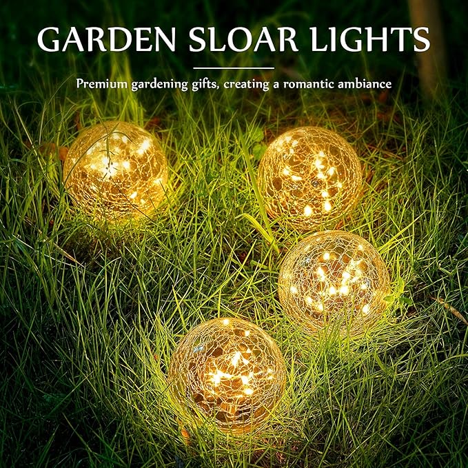 Honoson Solar Globe Lights Outdoor - Waterproof Cracked Glass Balls for Garden Patio Lawn &amp Yard Warm White Solar LED Lights with Easy Installation &amp Durable Design(3.9 Inch4 Pieces)