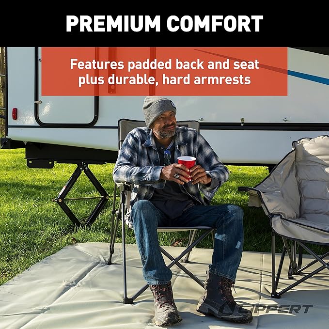 Lippert Sun Soaker Three-Position Reclining Camping Chair with 600D Polyester Fabric Padded Back/Seat Steel Frame Construction 250-lb. Weight Capacity Sand Color - 2022120580