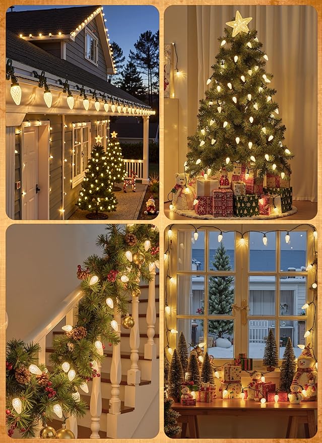 C9 68Ft Led Christmas String Lights 100 LED with Quick Clips Outdoor Waterproof Strawberry Lights Commercial Grade Extendable for Indoor Outside Roofline Patio Home Xmas Decoration Warm White