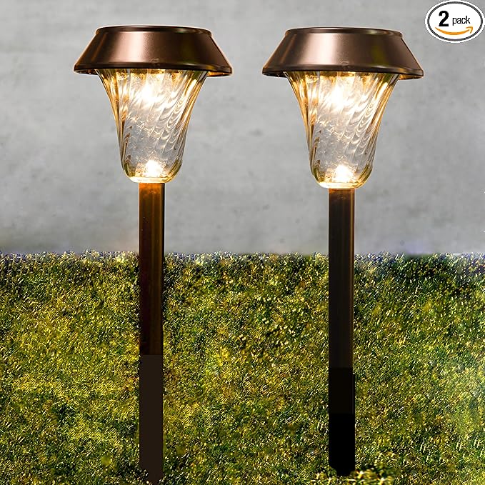 2 Pack Super Size 6 Diameter Bronze Solar Path Light with Large Solar Panel Glass Lens Metal Ground Stake and Extra-Bright LED for Garden Lawn Patio Walkway Driveway