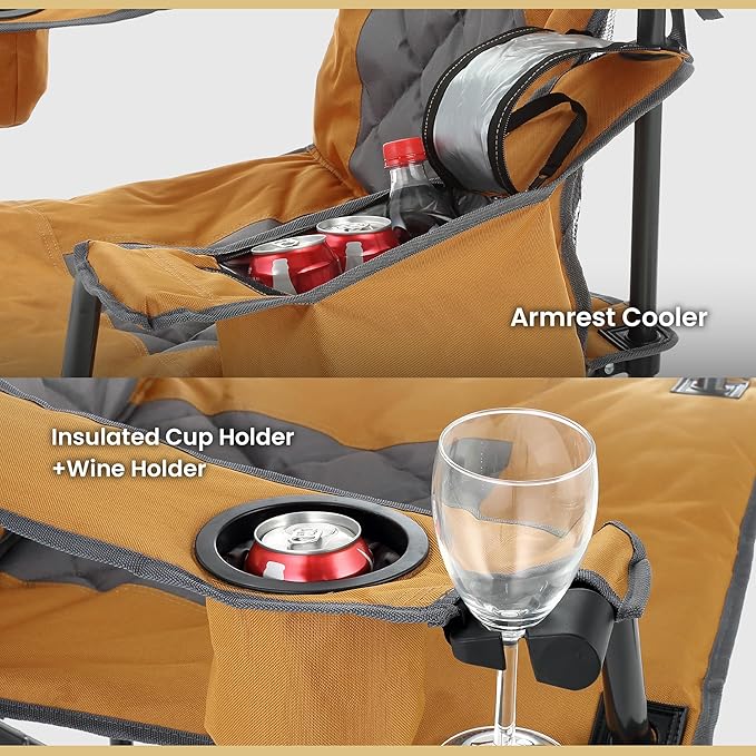 ARROWHEAD OUTDOOR 2-Pack Portable Folding Camping Quad Chair w/ 6-Can Cooler Cup &amp Wine Glass Holders Heavy-Duty Carrying Bag Padded Armrests Headrest &amp Seat Supports up to 550lbs