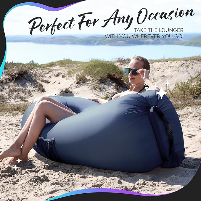 Nevlers Navy Inflatable Couch Air Sofa | 210T Polyester Blow Up Chairs | No-Pump Inflatable Lounger | Air Chair w/ 450 lbs. Capacity Pockets &amp Matching Bag | Use as Blow Up Couch for Adults &amp