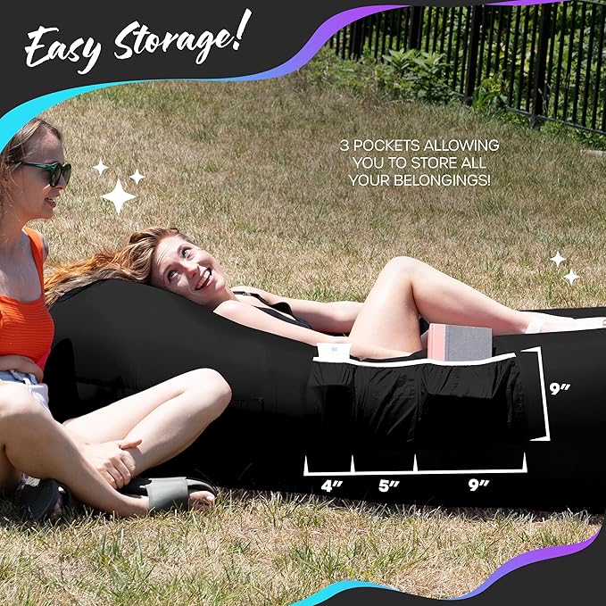 Nevlers Black &amp Blue Inflatable Lounger 2 Pack | 210T Polyester Inflatable Couch Set |No-Pump Blow Up Couch | Outdoor Furniture w/ 450lbs. Capacity Pockets &amp Carry Bags For Use as Festival Es