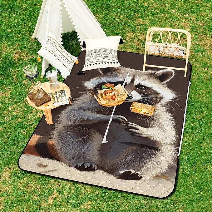 Zipper Cute Raccoon Style Picnic Mat Suitable for Travel Camping Park Or Home Use