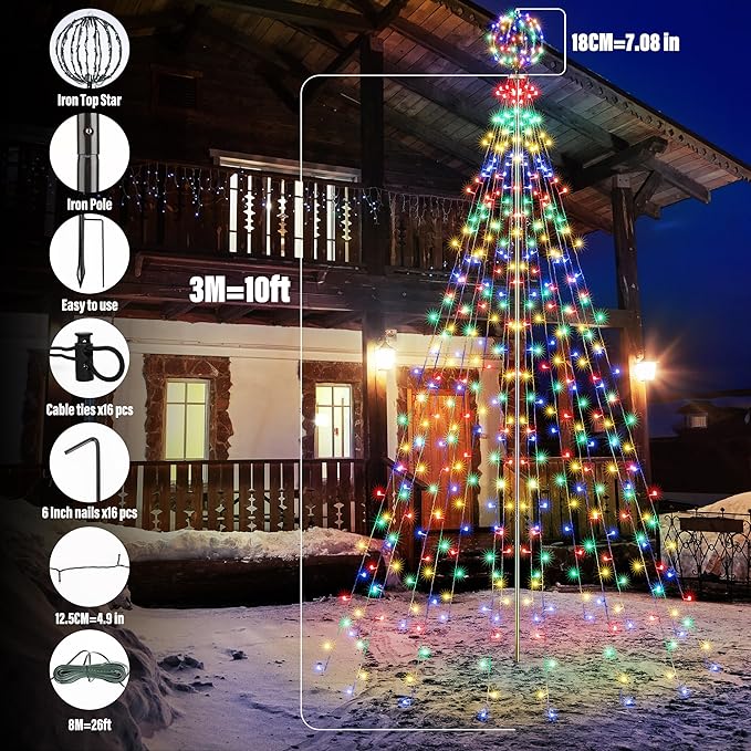 Flacchi Christmas Outdoor Star String Lights - Pole Set with Remote Multiple Lighting Modes Timer and Waterproof Feature (Cool White &amp Multicolor Ball 10 FT/432 LED)